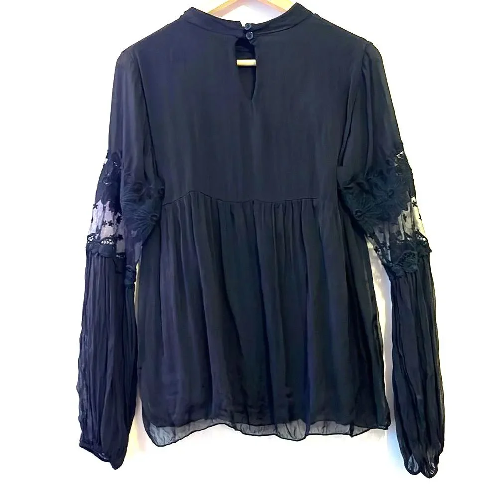 Via Signoria Italy Silk Lace Long Sleeve Black Blouse Sz Medium Whimsigoth Boho - Picture 2 of 7